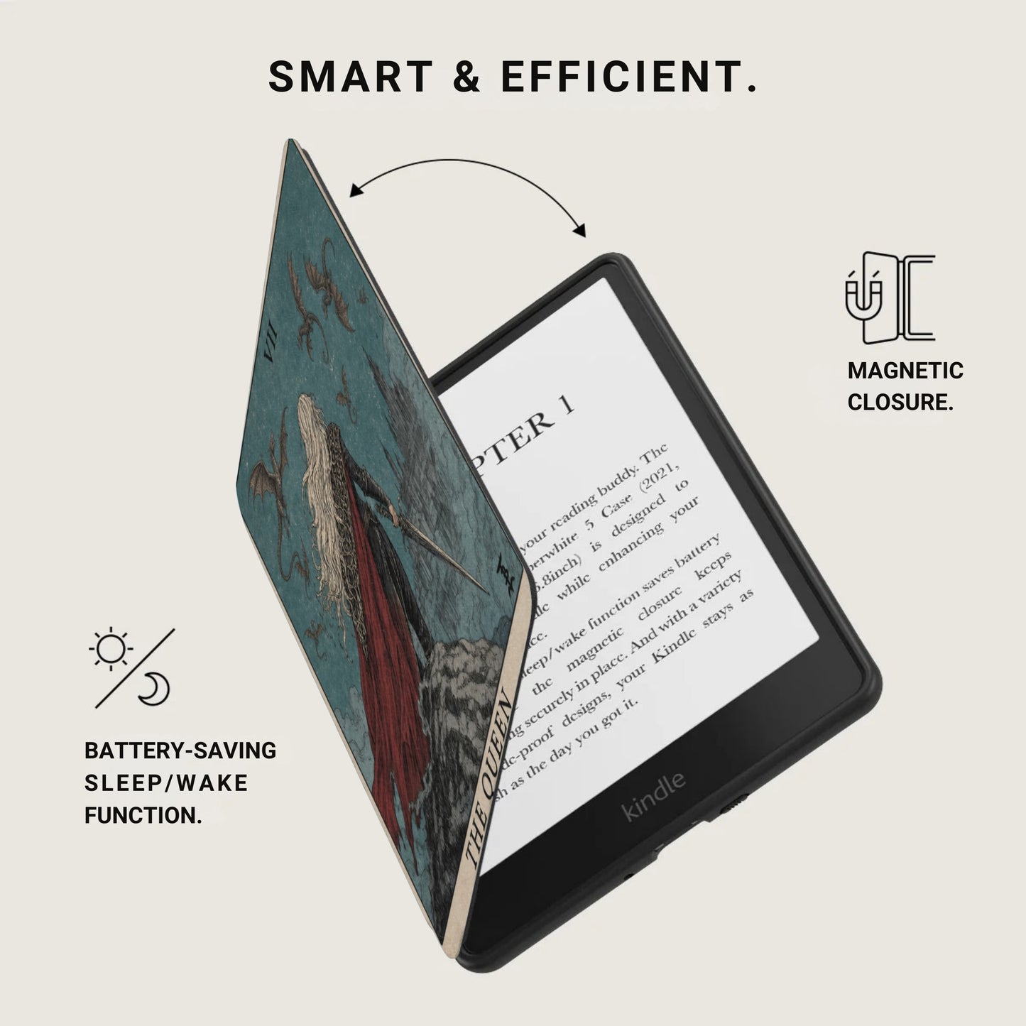 Kindle with "The Queen" cover and magnetic closure, text reads "Smart & Efficient"