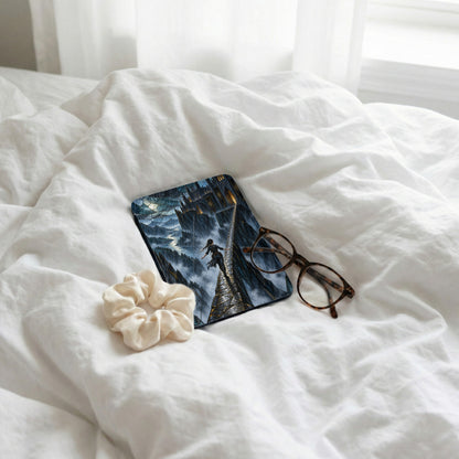 Coaster with fantasy castle artwork, glasses, and scrunchie on rumpled white bedding.