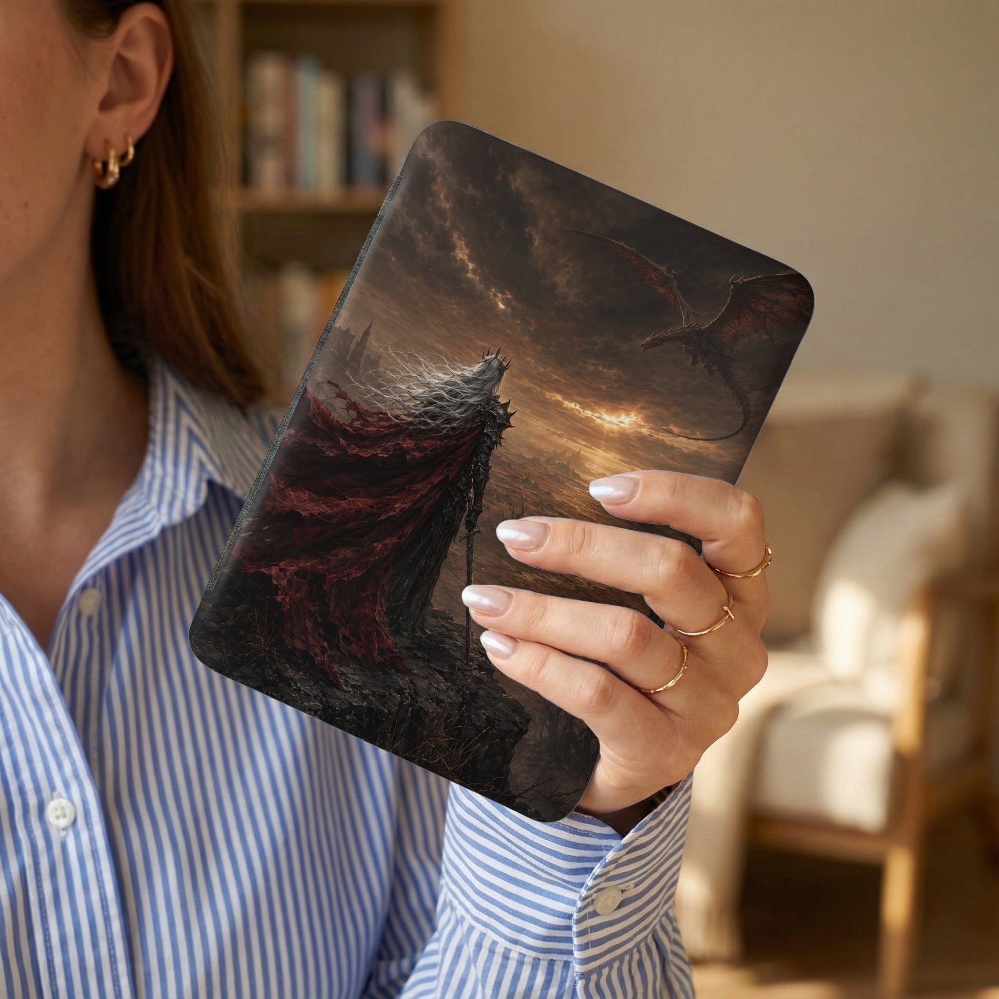 Tablet case with grim dragon and crowned figure art.