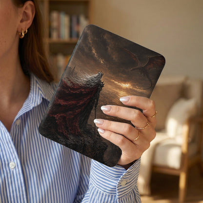 Tablet case with grim dragon and crowned figure art.