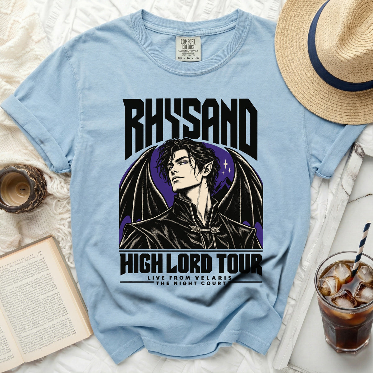 Light blue t-shirt with Rhysand "High Lord Tour" graphic from The Night Court.