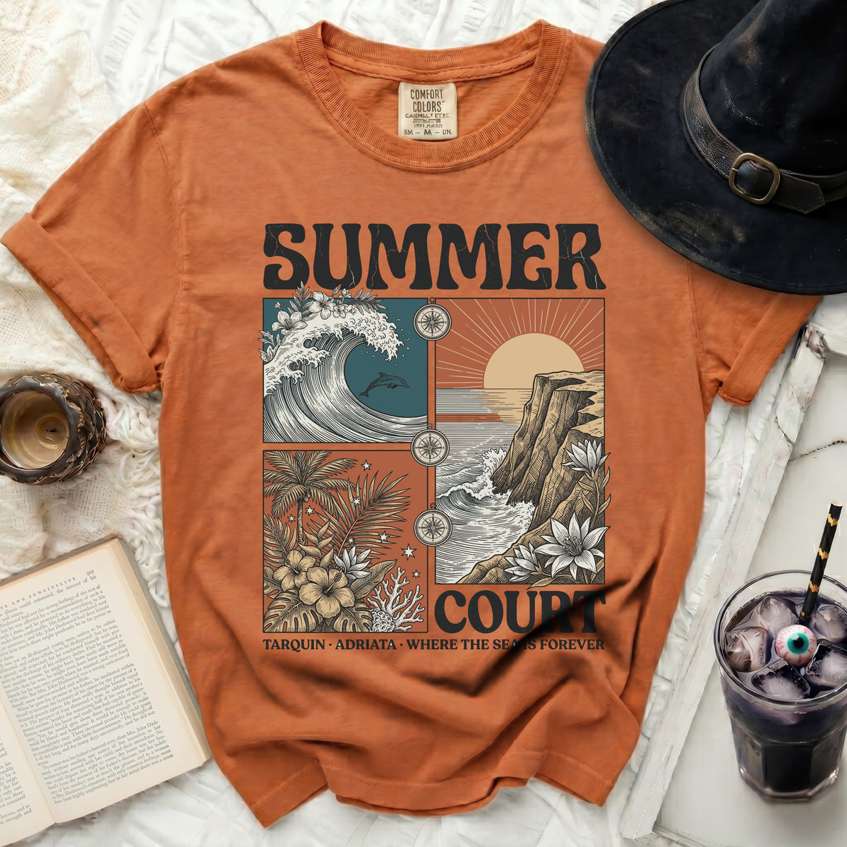 Orange t-shirt with "SUMMER COURT" and beach scene graphic.