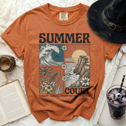Orange t-shirt with "SUMMER COURT" and beach scene graphic.
