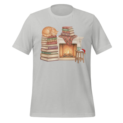 Cozy Cat by Fireplace with Books Graphic T-Shirt