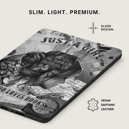 Case with "JUST A GIRL WHO LOVES BOOKS" design, featuring a collage of sketches and text.