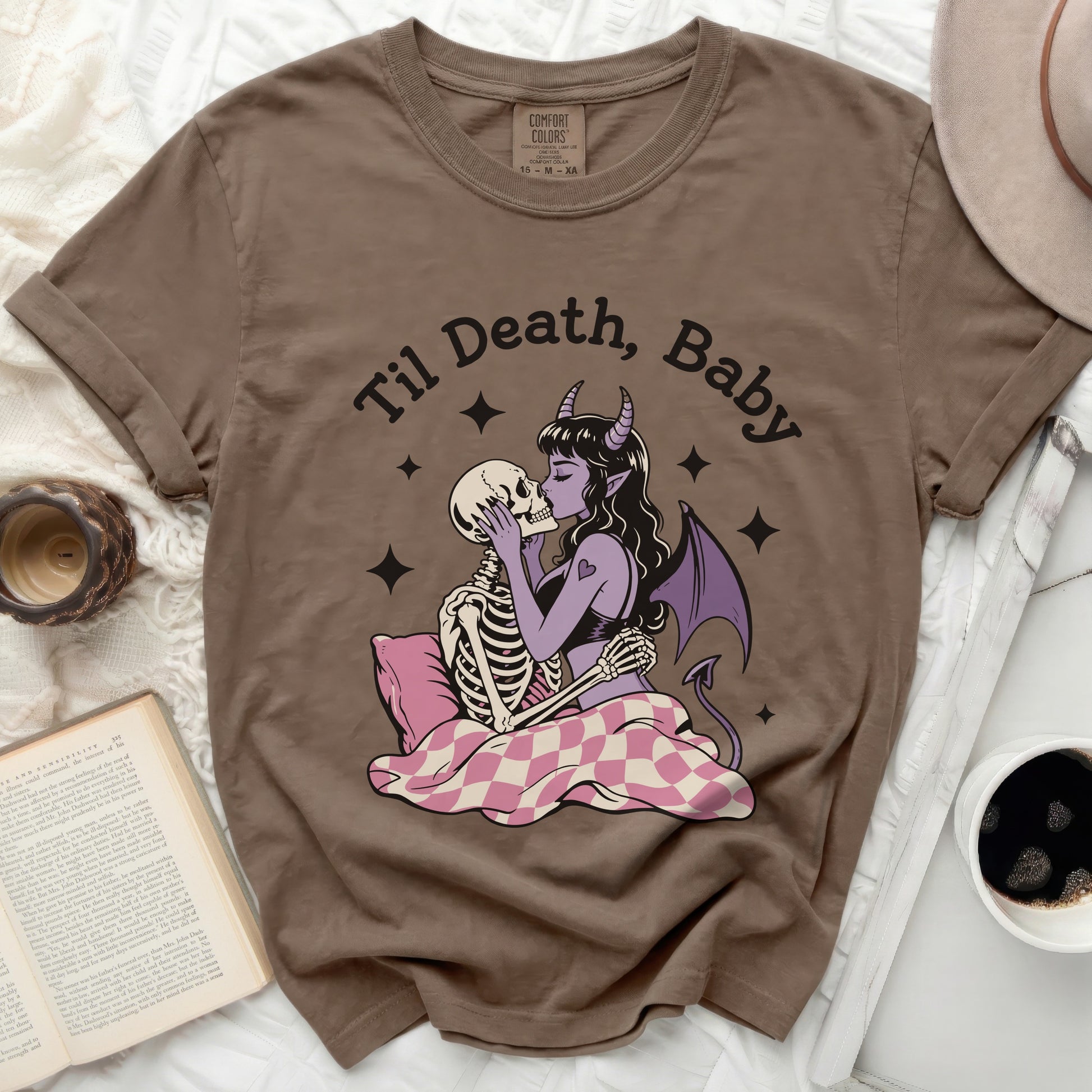 Brown t-shirt with "Til Death, Baby" text and skeleton couple graphic.