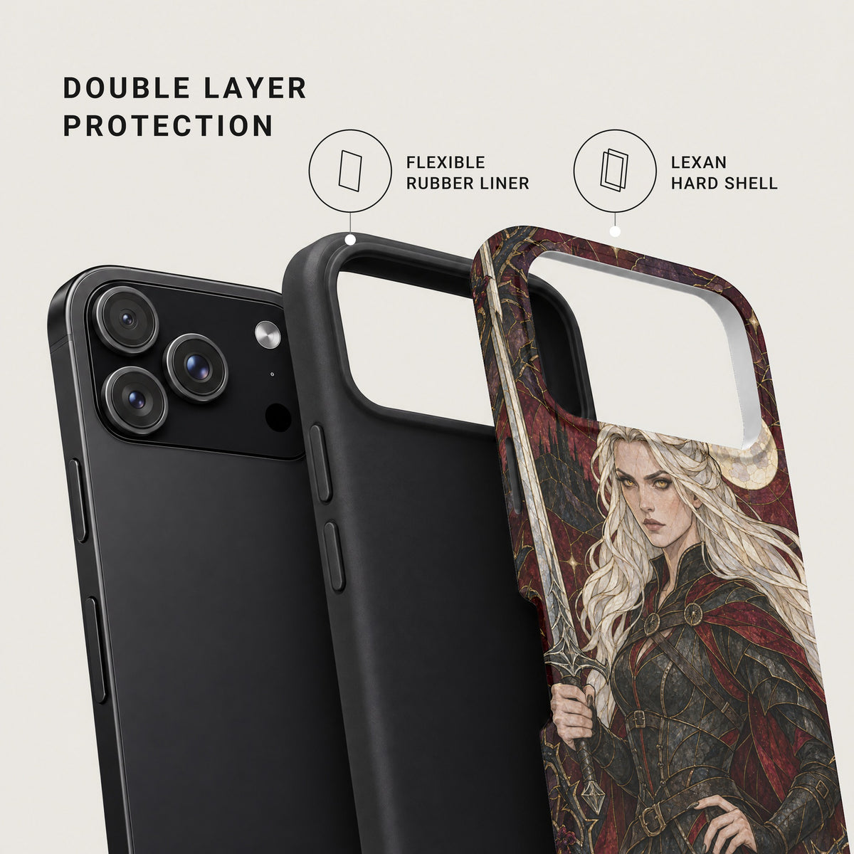 Diagram highlighting a double-layer phone case with a flexible rubber liner and a decorative hard shell.