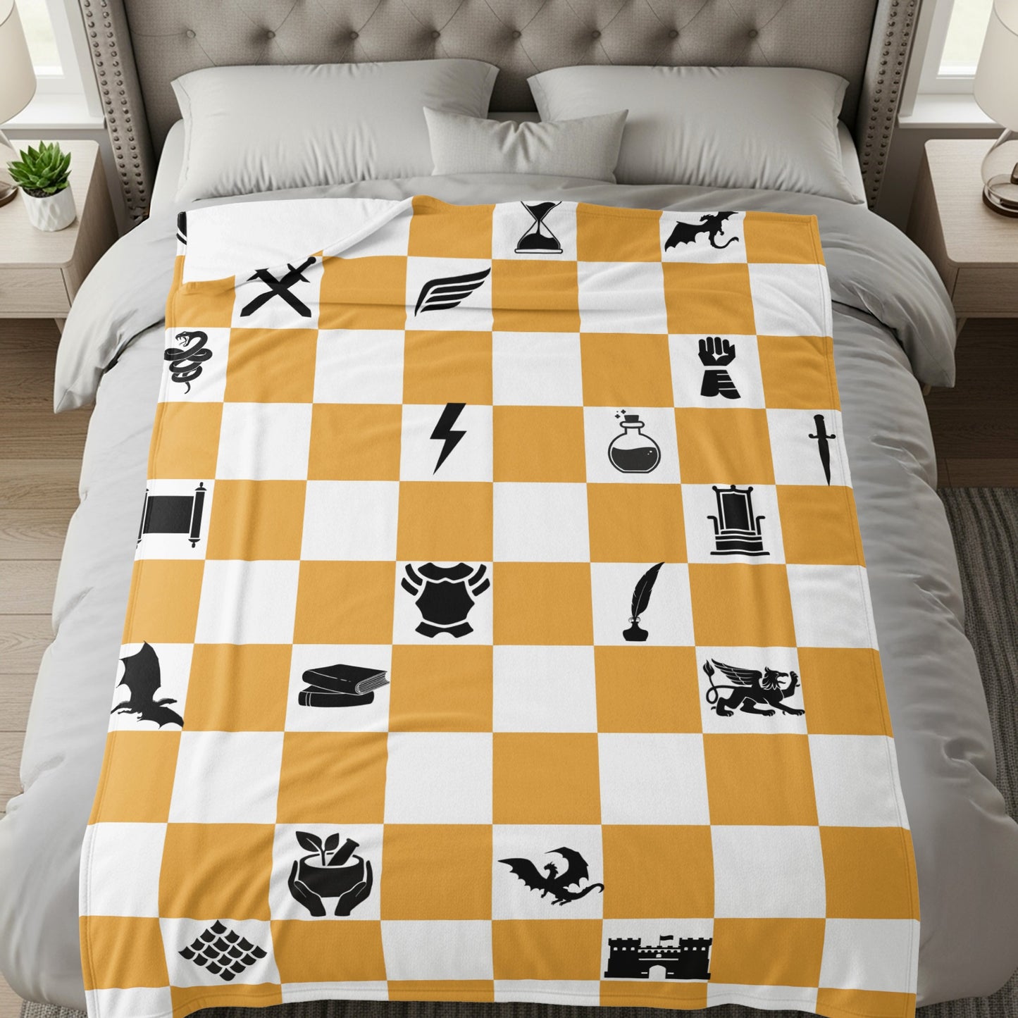 Knight Emblem Chessboard Design Patterned Blanket