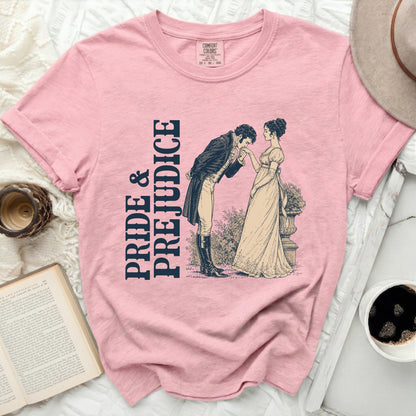 Pink t-shirt with Pride and Prejudice illustration and text.