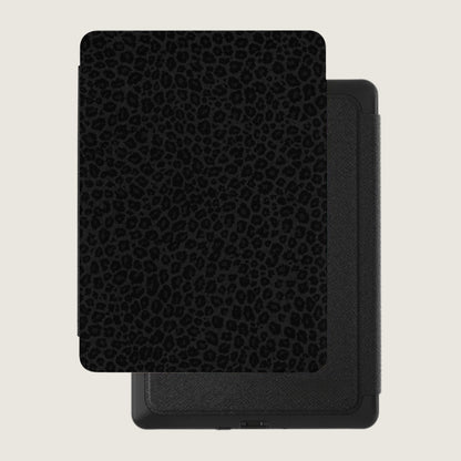 Black leopard print e-reader case with a textured grey spine.