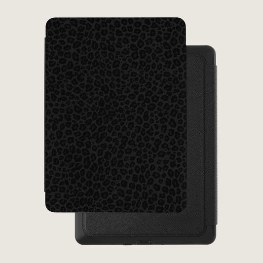 Black leopard print e-reader case with a textured grey spine.