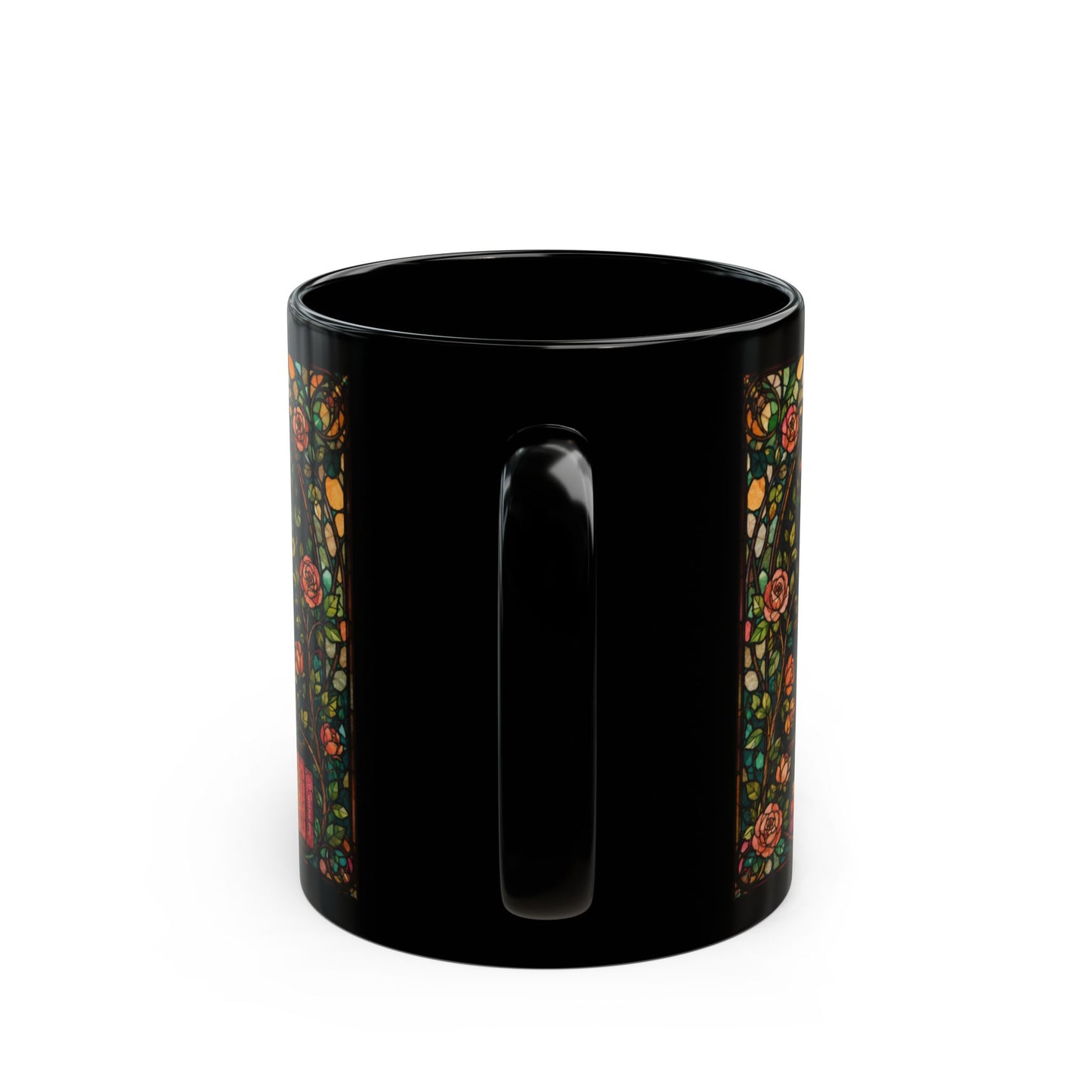 Black mug with art nouveau floral design and red lettering.