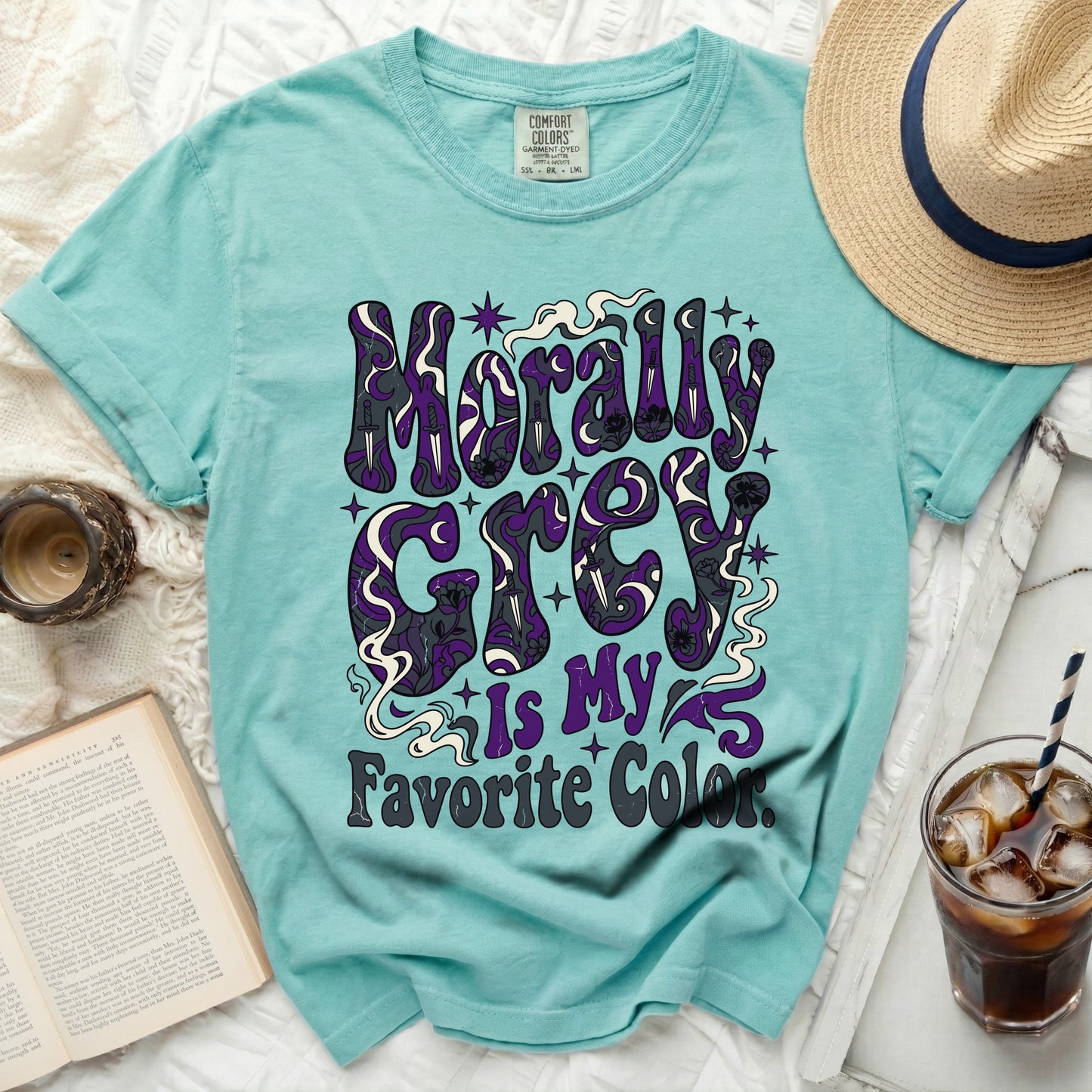 Teal t-shirt with retro purple text: "Morally Grey is My Favorite Color."