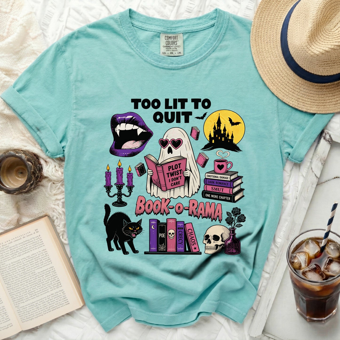 Too lit to quit graphic tee with ghost reading and Halloween themes.