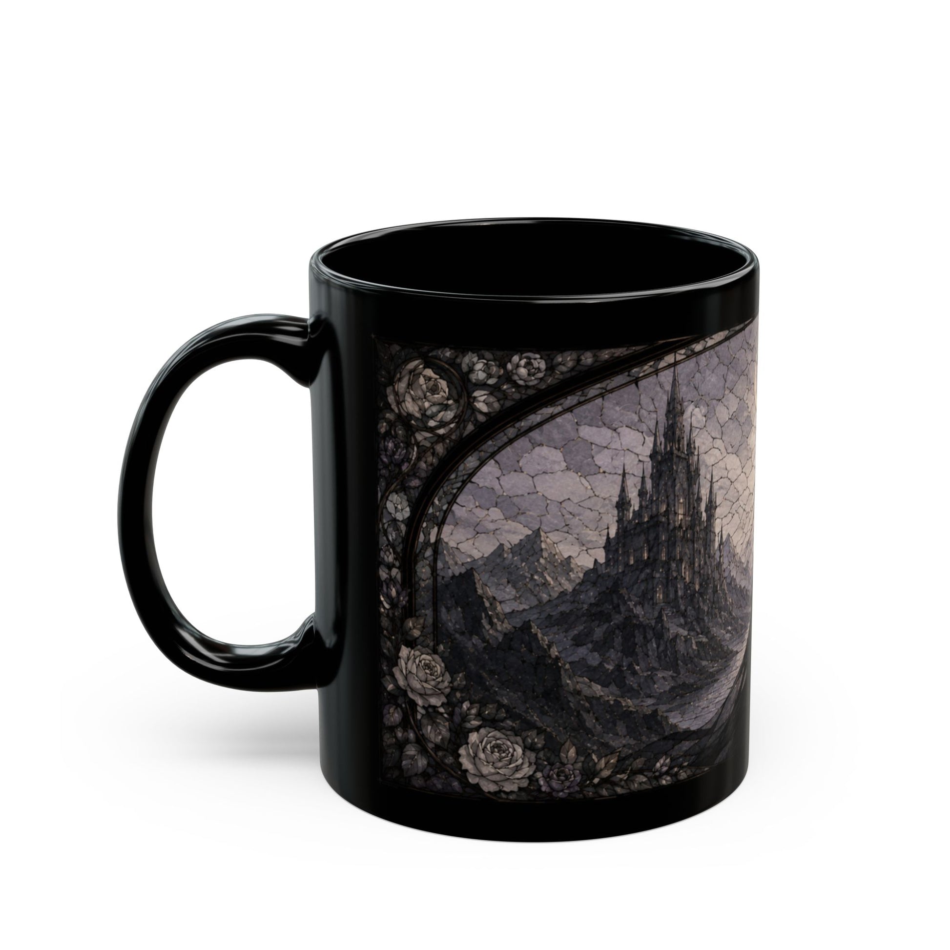 Black mug with gothic castle and rose vine design on a cracked stone background.