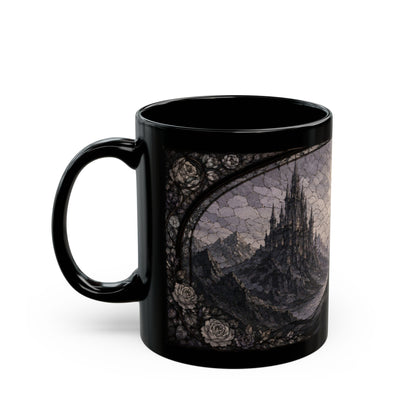 Black mug with gothic castle and rose vine design on a cracked stone background.