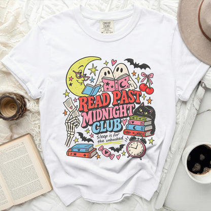 White t-shirt graphic with "Read Past Midnight Club" and reading ghosts.