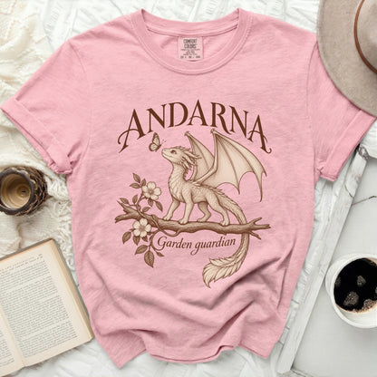 Pink Comfort Colors t-shirt with "ANDARNA Garden guardian" and dragon design.