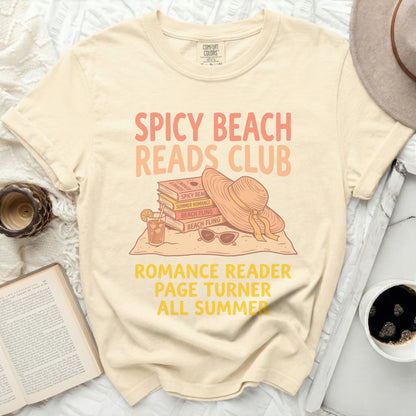 Cream t-shirt with "Spicy Beach Reads Club Romance Reader" text and books.