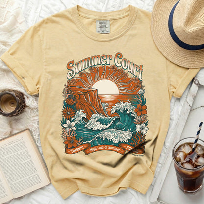 Yellow t-shirt with "Summer Court" graphic featuring ocean waves, sun, and coral.