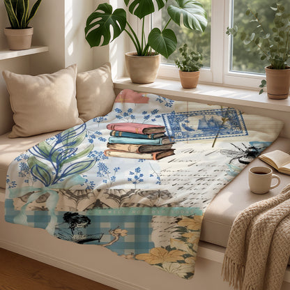 Collage-style blanket with books, stamps, plants, and handwriting on a sofa.