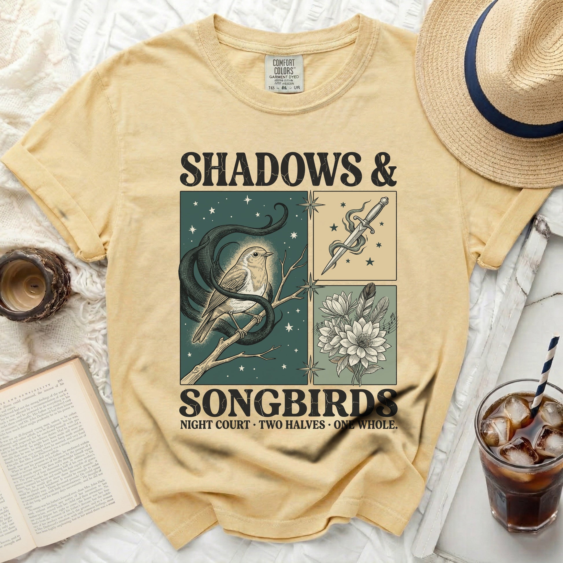 Yellow t-shirt with "Shadows & Songbirds" graphic and text.