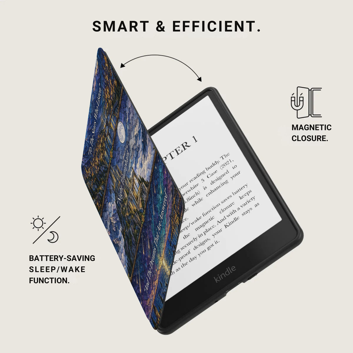 A Kindle e-reader in a blue starry night patterned case, highlighting magnetic closure and sleep-wake features.