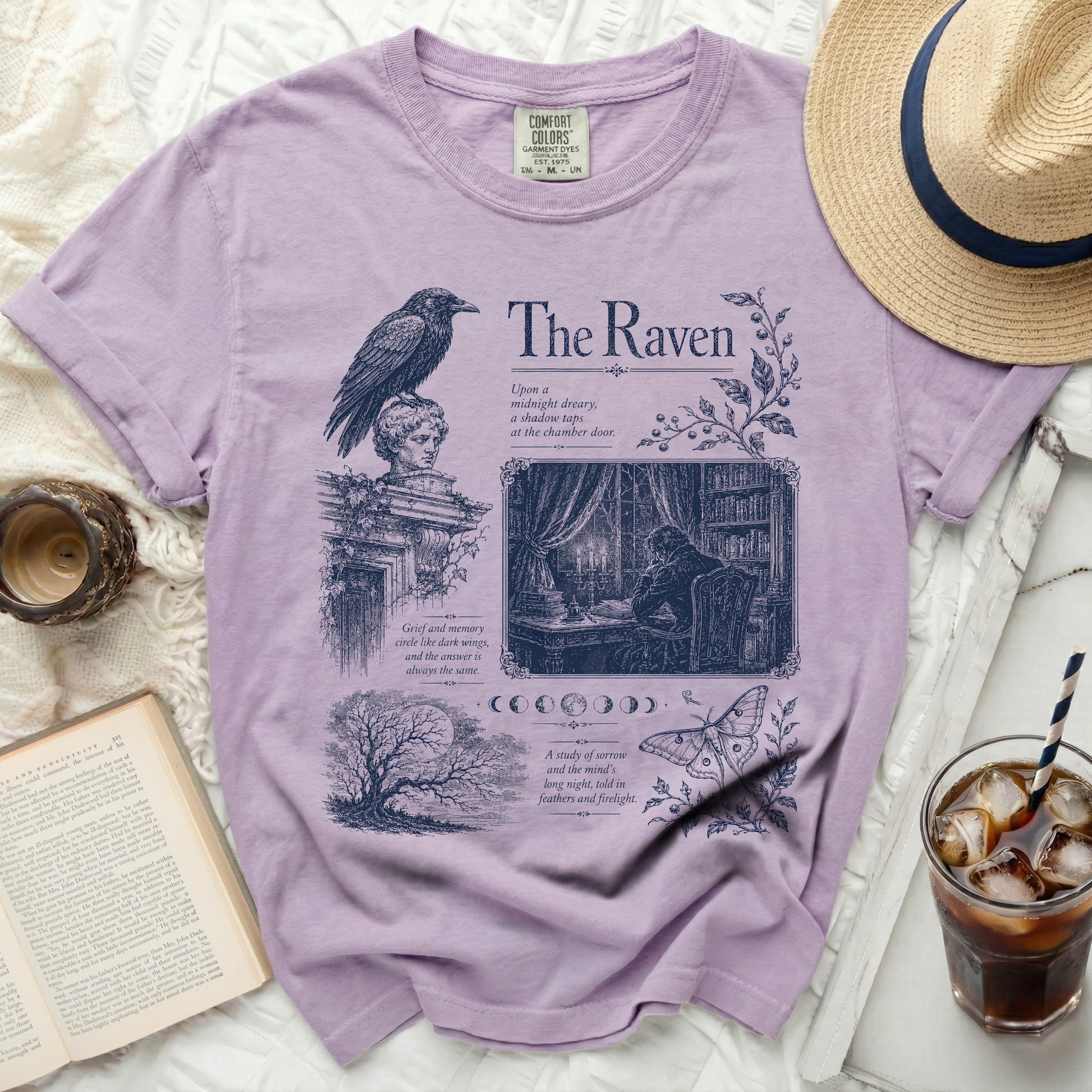 Lavender t-shirt with "The Raven" design featuring a crow, bust, books, and text.