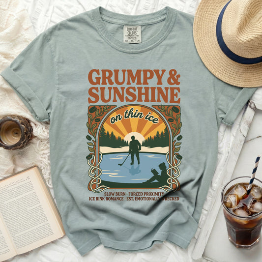 Grumpy & Sunshine on thin ice t-shirt with ice rink scene.