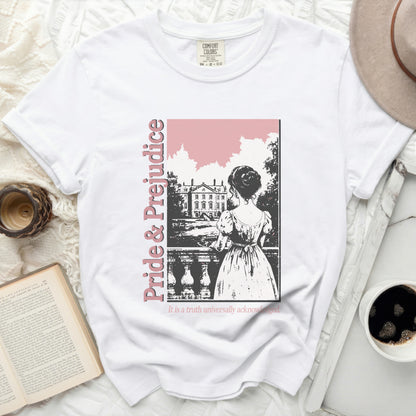 White t-shirt with Pride & Prejudice art and quote about universally acknowledged truth.