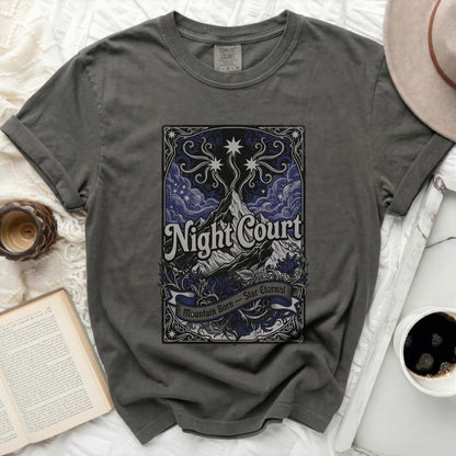 Dark gray t-shirt with "Night Court Mountain Born Star Eternal" design.