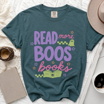 Teal t-shirt with "READ more BOOS books" text, a ghost, and a skull book.