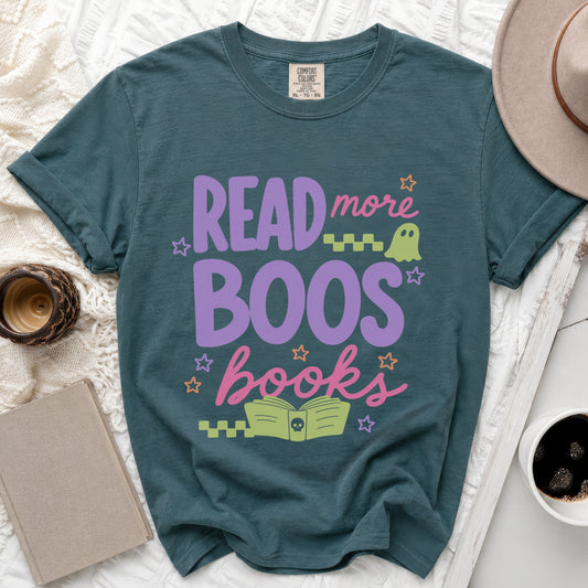 Teal t-shirt with "READ more BOOS books" text, a ghost, and a skull book.