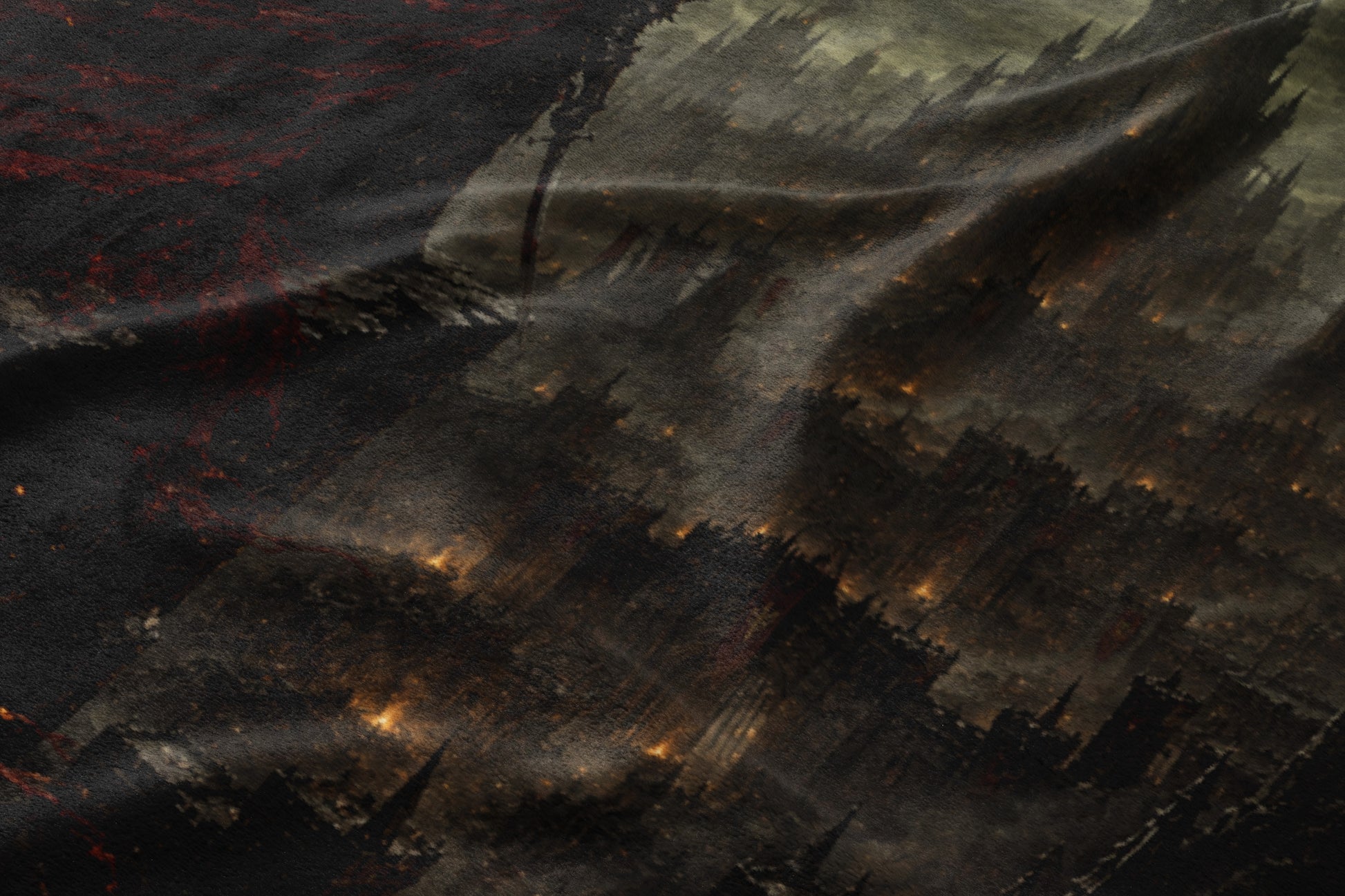 Dark, textured fabric with an abstract, painterly design of a city at night.
