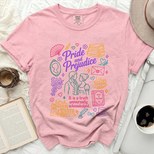 Pink t-shirt with Pride and Prejudice illustrations and quote.