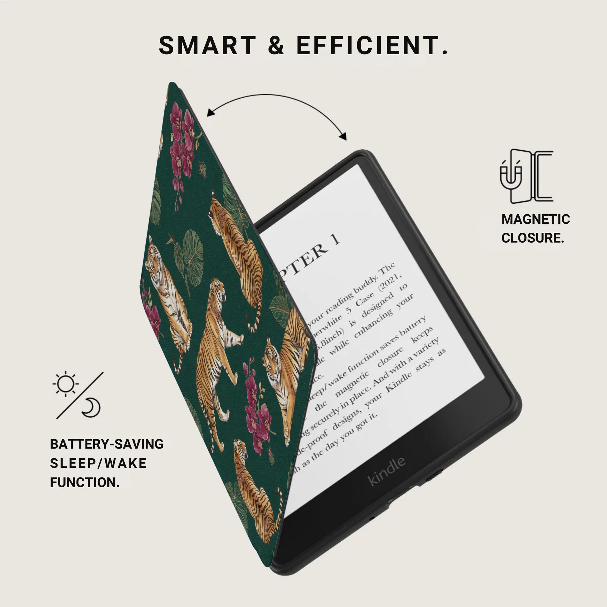 Kindle with a tiger and floral print case, featuring magnetic closure and sleep/wake functions.
