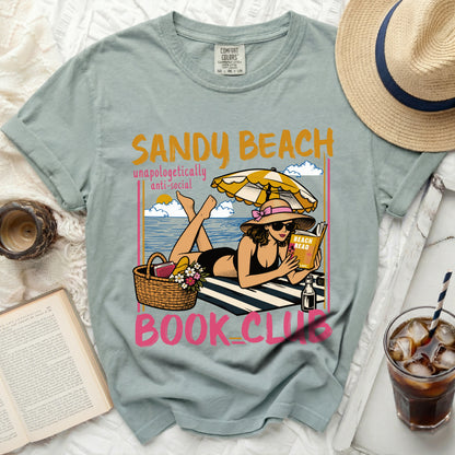 Sandy Beach Book Club graphic on a t-shirt with a woman reading.