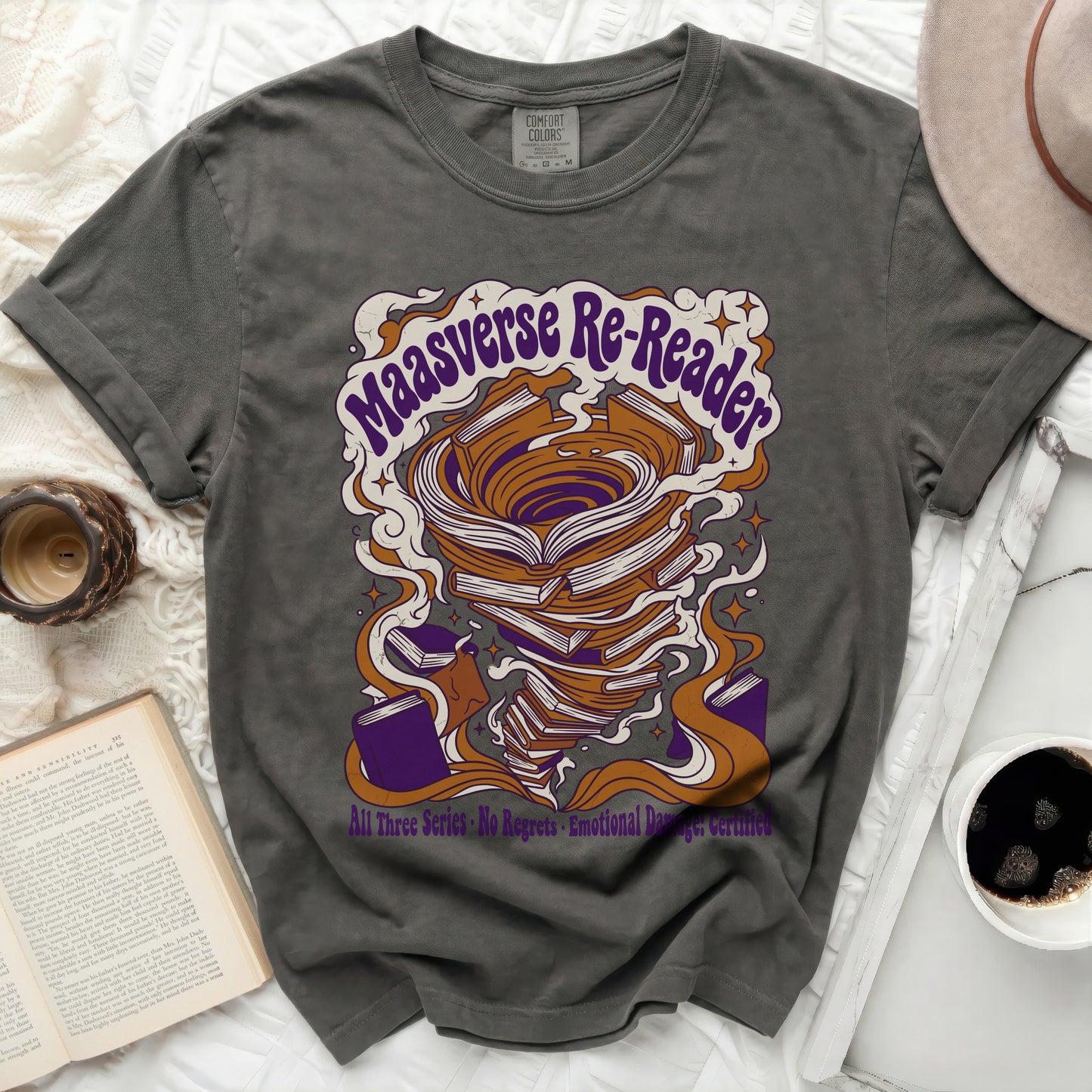 Charcoal t-shirt with "Maasverse Re-Reader" and book stack graphic.
