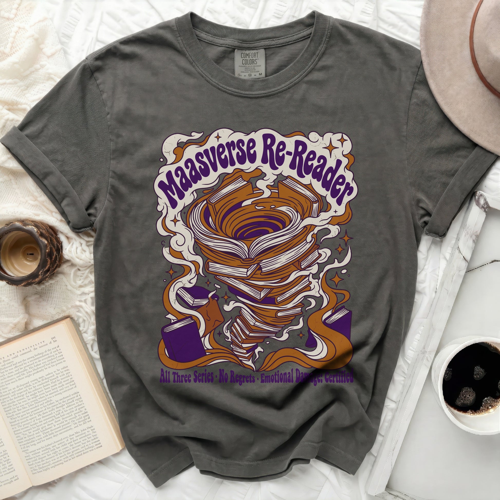 Charcoal t-shirt with "Maasverse Re-Reader" and book stack graphic.