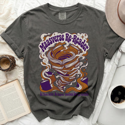Charcoal t-shirt with "Maasverse Re-Reader" and book stack graphic.