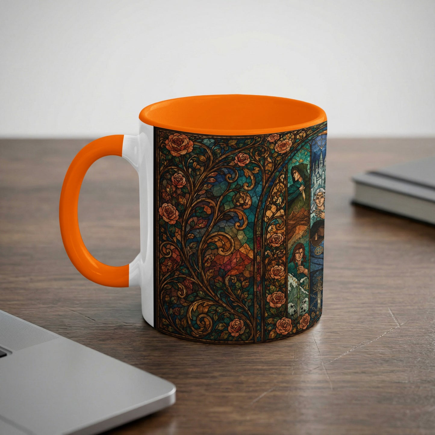 Mug with stained glass design featuring roses and figures.