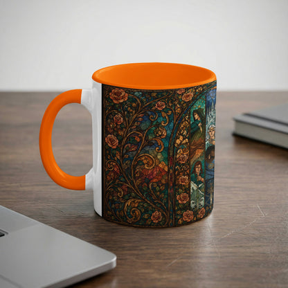 Mug with stained glass design featuring roses and figures.