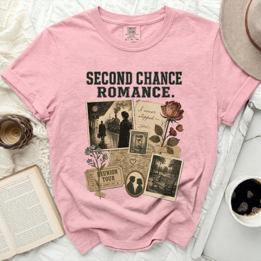 Pink t-shirt with "Second Chance Romance" collage design.