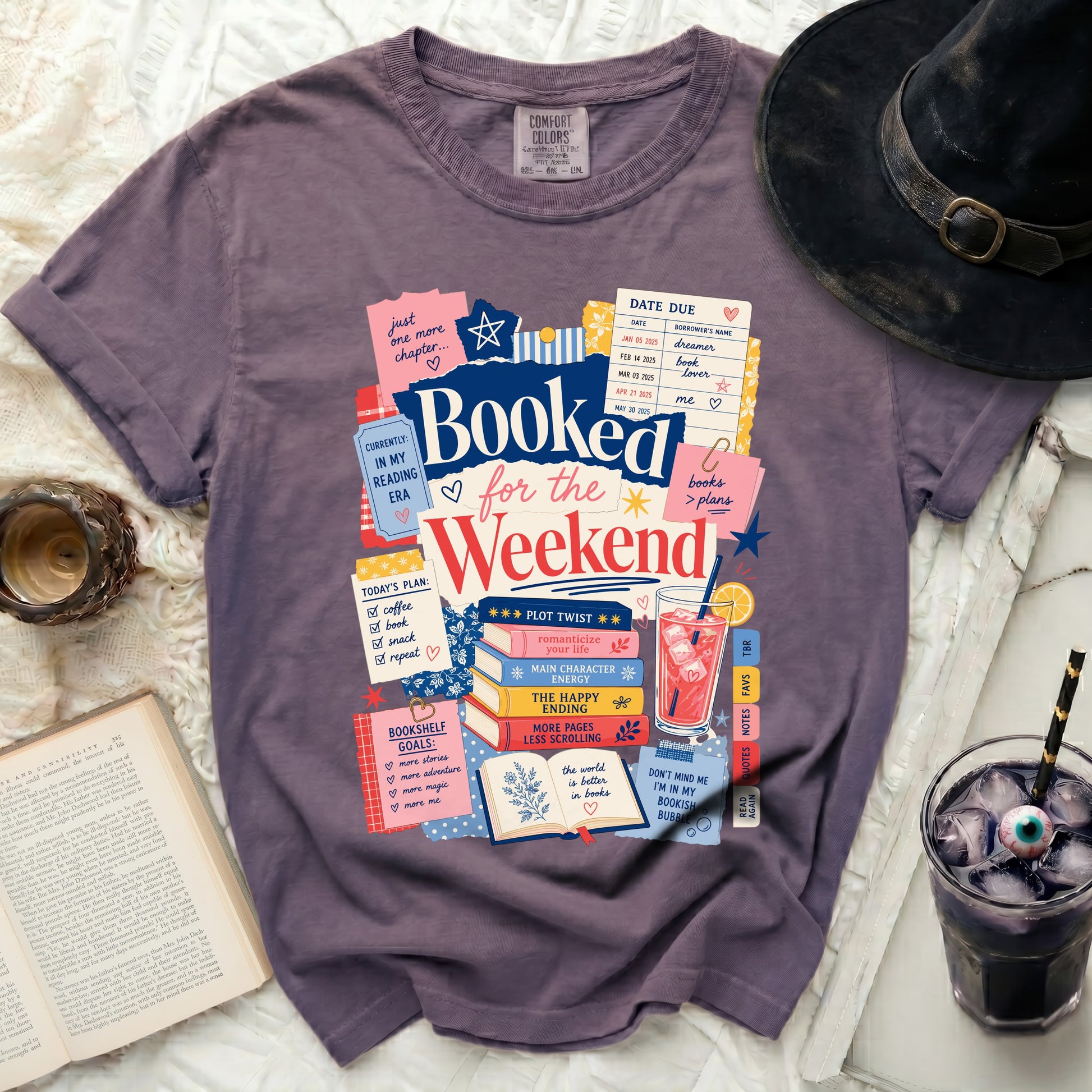 Purple t-shirt with "Booked for the Weekend" and reading-themed graphics.