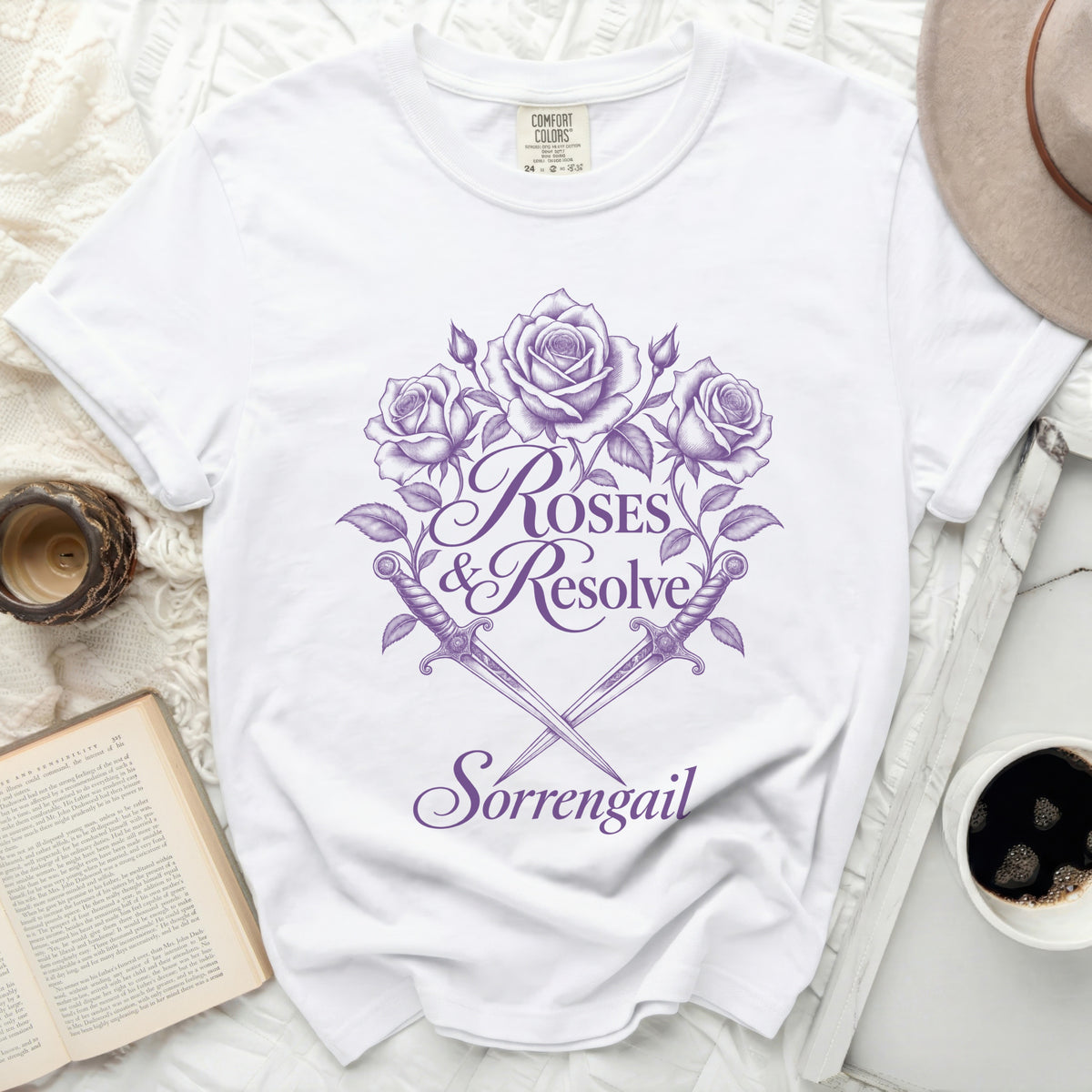 White t-shirt with purple Roses & Resolve Sorrengail graphic.