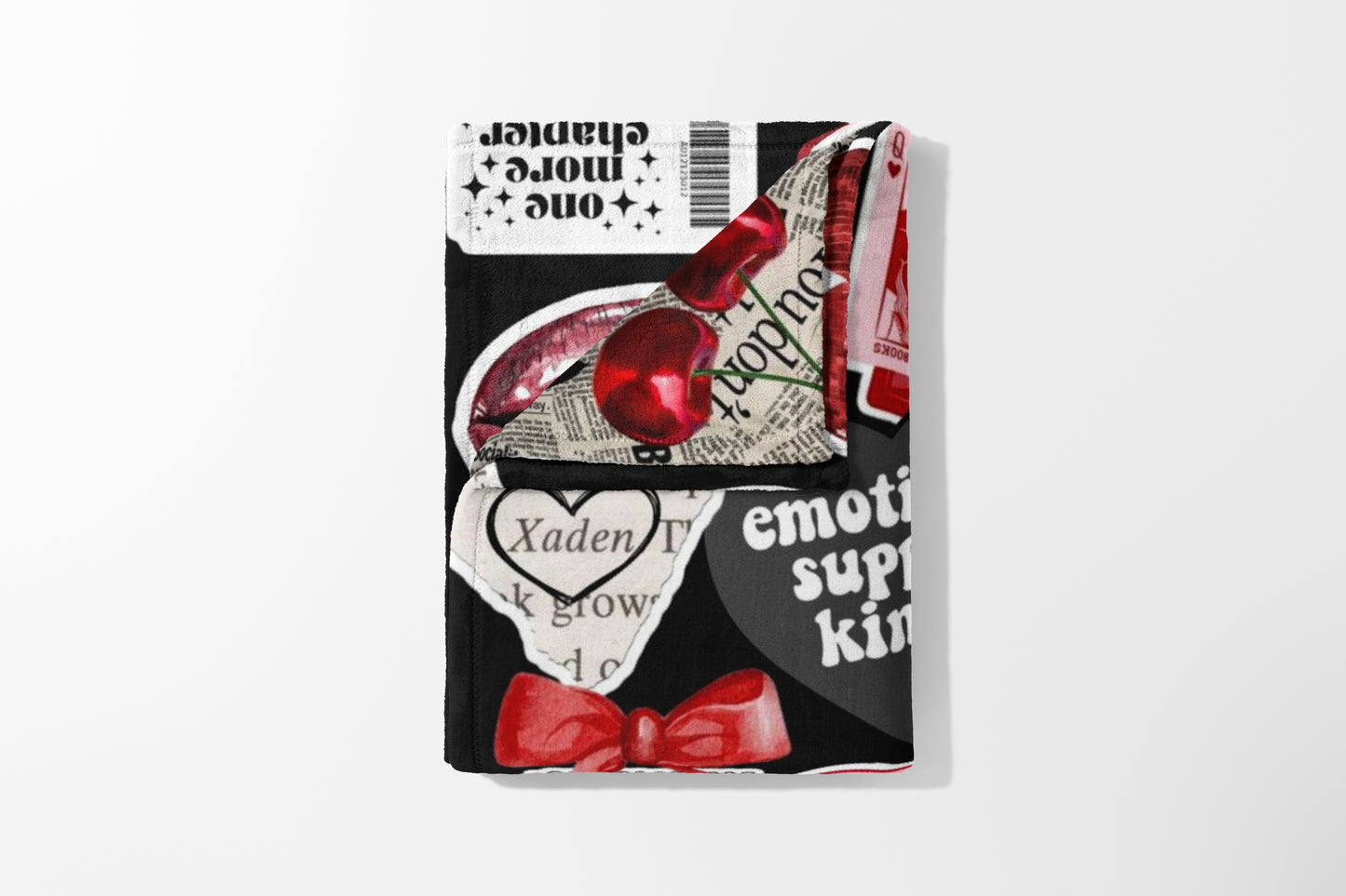 Towel with cherries, lips, text "one more chapter", and "emotional support".