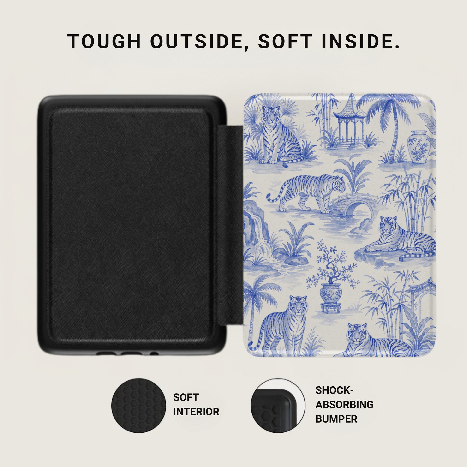Black case with soft interior and blue toile tiger pattern exterior.