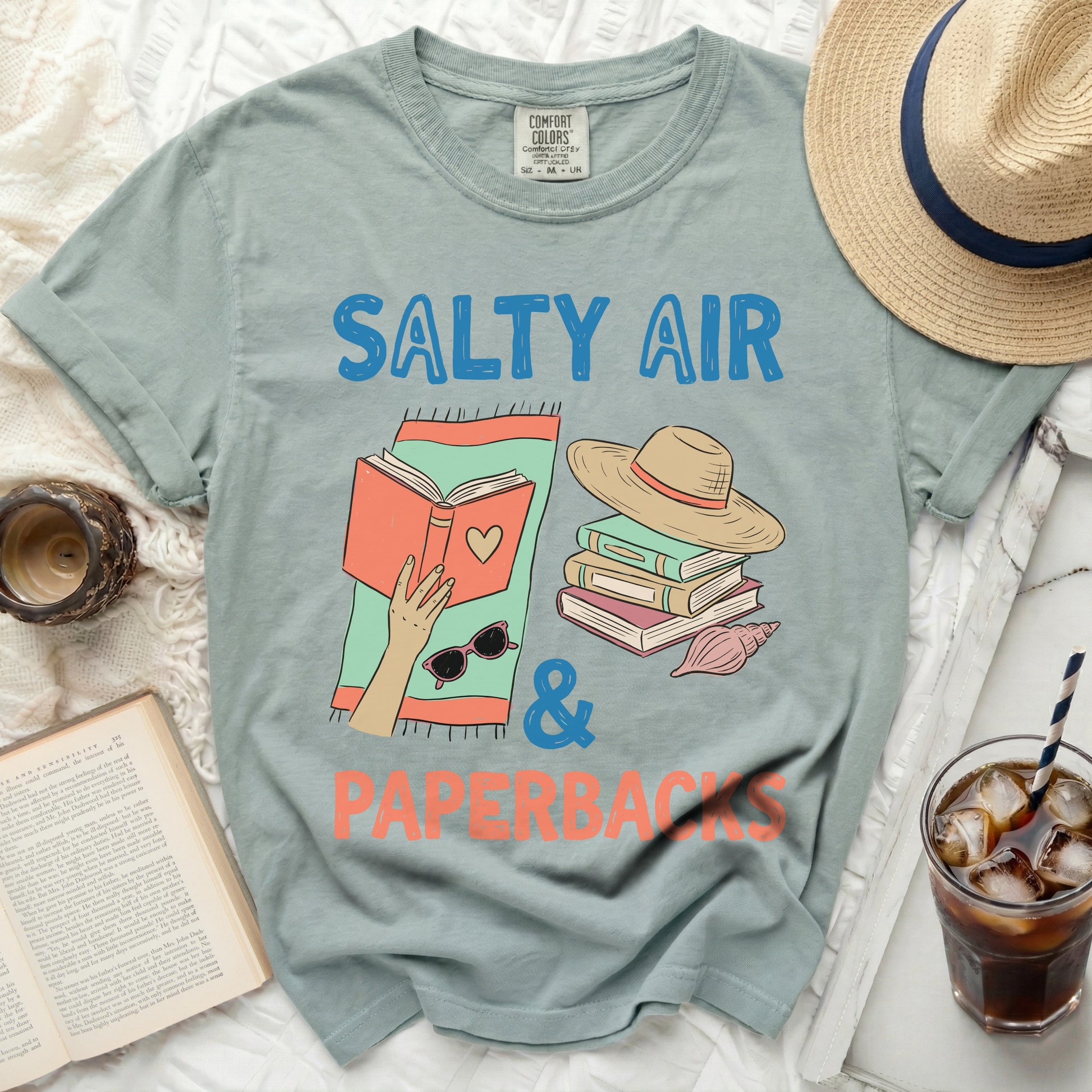 T-shirt with "Salty Air & Paperback" and a beach book graphic.