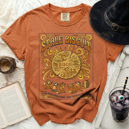Orange t-shirt with "STALE BISCUIT" and woodland creatures design.