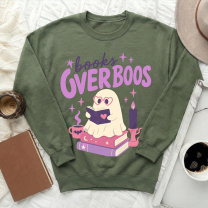 Green sweatshirt with "books OVERBOOS" graphic featuring a ghost reading on books.